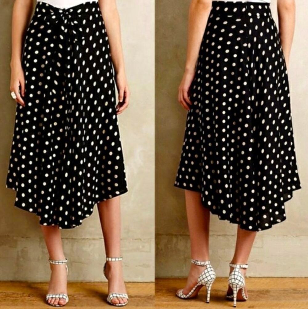Porridge Anthropologie "Tandy" Black/White Polka Dot Midi L Skirt Asymmetrical